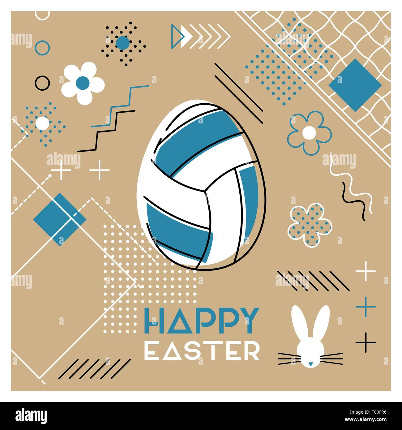 Joyeuses Pâques. Carte de souhaits avec œuf de Pâques comme un ballon de volley-ball. Résumé Memphis design. Vector illustration. Illustration de Vecteur