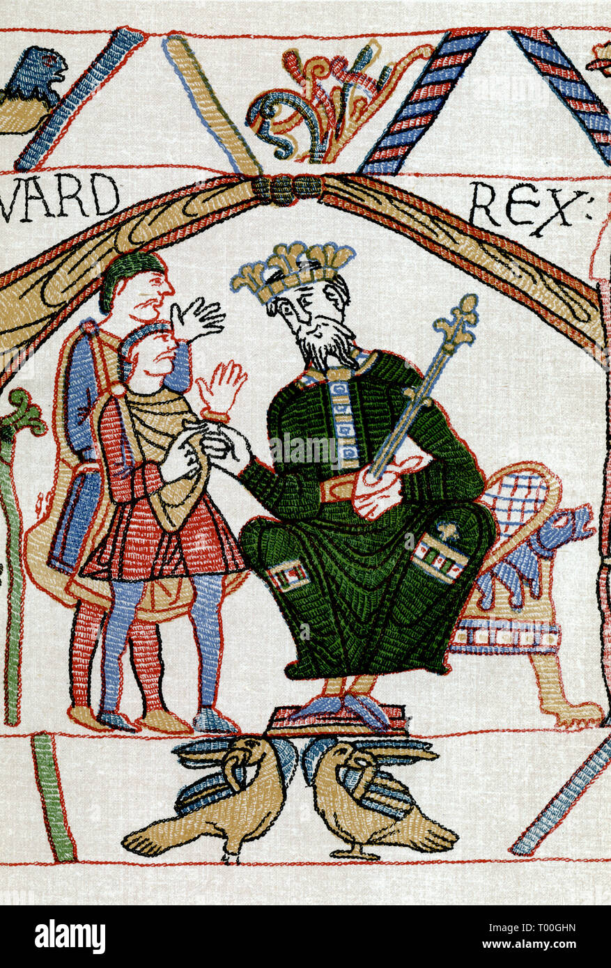 Instructions d'Edward à Harold. Tapisserie de Bayeux : Première scène : le roi Édouard le Confesseur et Harold Baar "Chez Boultan & Fils" à la Winchester. La Tapisserie de Bayeux est un tissu brodé mesurant environ 70 mètres (230 pi) de long et de 50 centimètres (20 pouces) de hauteur. Il décrit les événements qui ont mené à la conquête de l'Angleterre Concernant William, duc de Normandie, et Harold, comte de Wessex, plus tard le roi d'Angleterre, et aboutissant à la bataille de Hastings. Banque D'Images