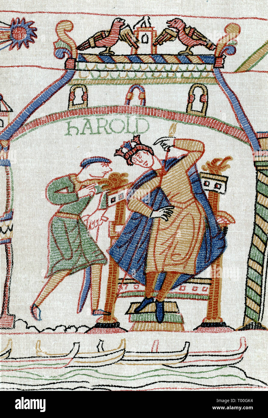 Harold a dit de la Comet. La nouvelle du Comet de Halley est portée à Harold Godwinson (c1022-1066). La comète peut être vue en haut à gauche de ce détail de la Tapisserie de Bayeux. Les gens considéraient la comète comme un mauvais présage. La tapisserie de Bayeux est un tissu brodé mesurant environ 70 mètres (230 pi) de long et 50 centimètres (20 po) de haut. Il dépeint les événements qui ont mené à la conquête normande de l'Angleterre concernant William, duc de Normandie, et Harold, comte de Wessex, plus tard roi d'Angleterre, et culminant dans la bataille de Hastings. Banque D'Images