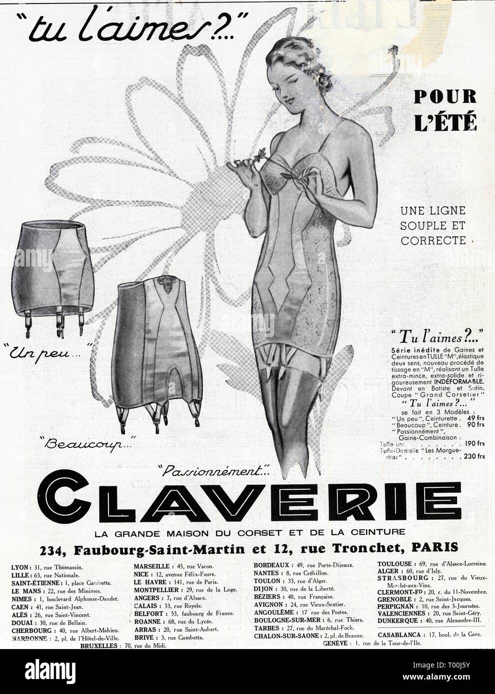 Publicité ancienne.Claverie. La grande maison du corset et de la  céinture.13 juin 1936 Photo Stock - Alamy