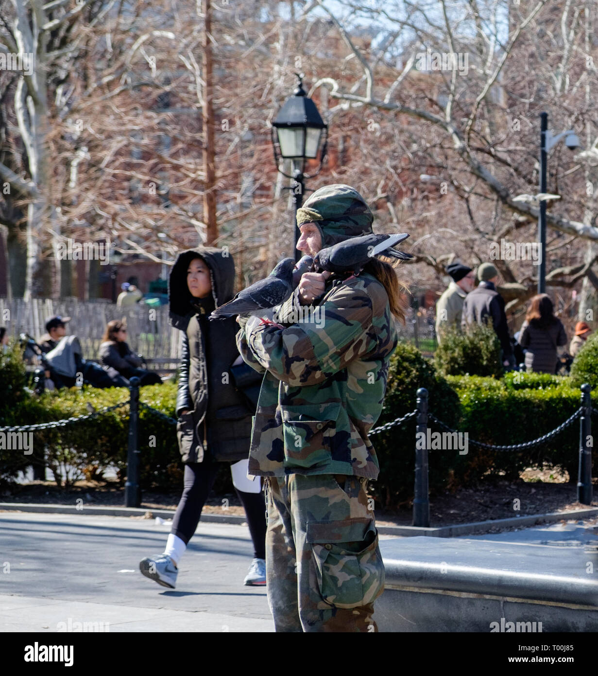 Larry The Birdman tient et enfile les pigeons au parc Washington Square, Greenwich Village New York. Mars 2018 Banque D'Images