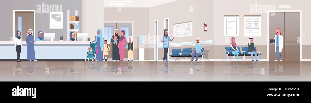 L'arabe les patients en vêtements traditionnels ligne permanent à la file d'attente de réception de l'hôpital les médecins de soins consultation hall concept clinic Illustration de Vecteur