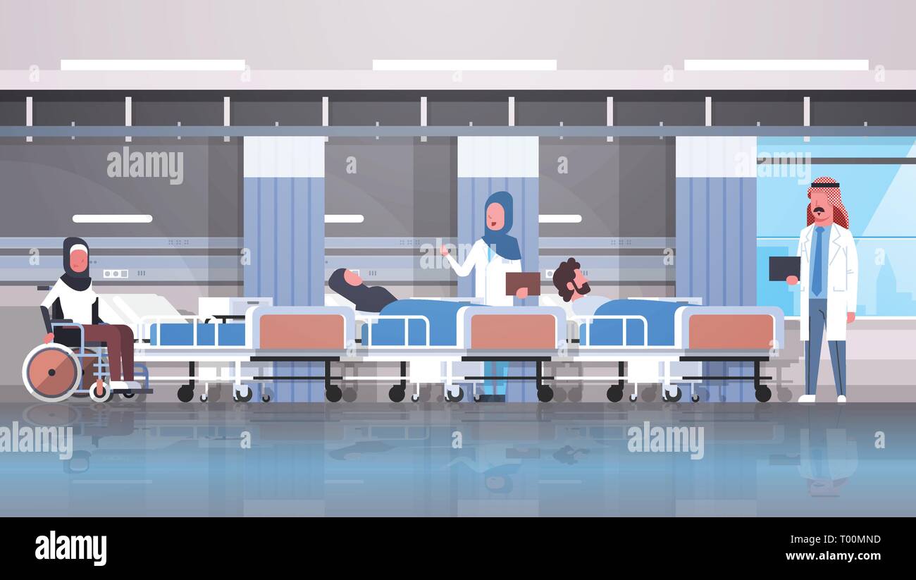 Visite de l'équipe médecins arabe arabes handicapés en fauteuil roulant assis patients couchette thérapie intensive ward healthcare hôpital concept salle de clinique Illustration de Vecteur