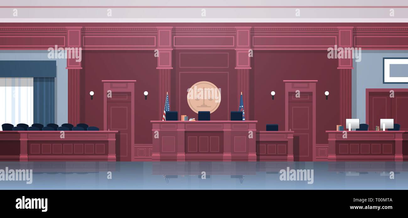 Salle d'audience vide avec juge et jury travail secrétaire fort moderne sièges intérieur de palais de justice et la jurisprudence horizontale concept Illustration de Vecteur