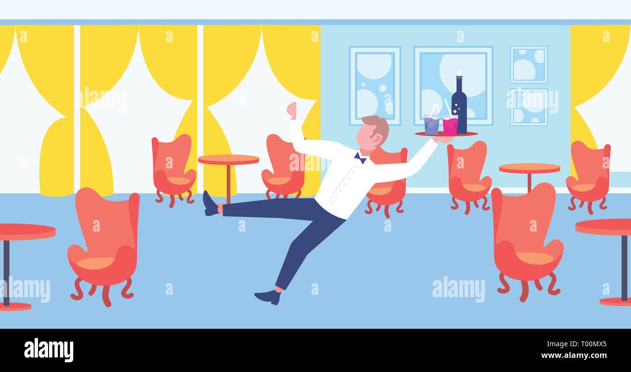 Serveur entrant avec le bac des verres à vin homme élégant publique accident panne concept restaurant moderne l'intérieur toute la longueur horizontale Illustration de Vecteur