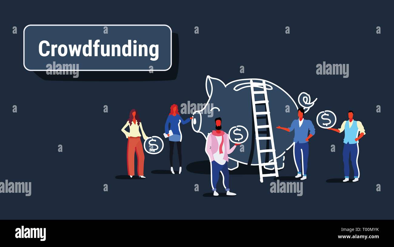 Groupe d'affaires argent investissement concept crowdfunding investisseurs investir les gens d'affaires de monnaie dollar tirelire crowdfunding fond sombre Illustration de Vecteur