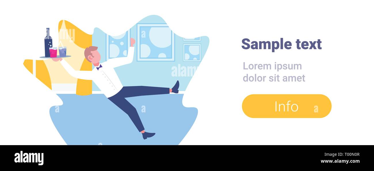 Serveur entrant avec le bac des verres à vin homme élégant publique accident panne restaurant moderne concept plate horizontale intérieur copie pleine longueur Illustration de Vecteur