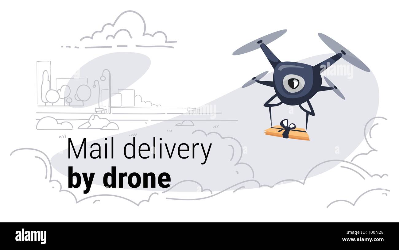 Quadcopter express air mail livraison par concept de drone bâtiments ville moderne cityscape background horizontale doodle croquis Illustration de Vecteur
