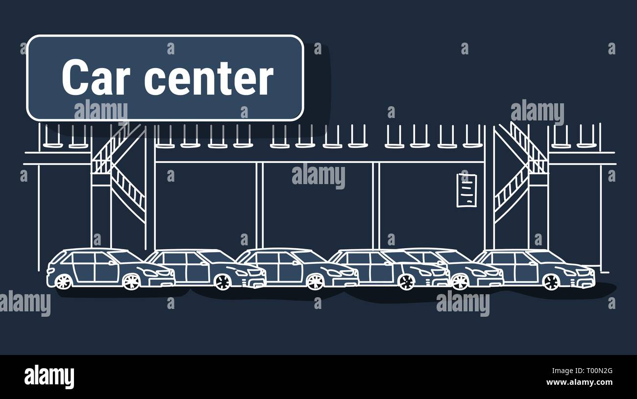 Centre concessionnaire automobile bâtiment showroom intérieur avec exposition de véhicules modernes nouveau doodle sketch bannière horizontale fond sombre Illustration de Vecteur