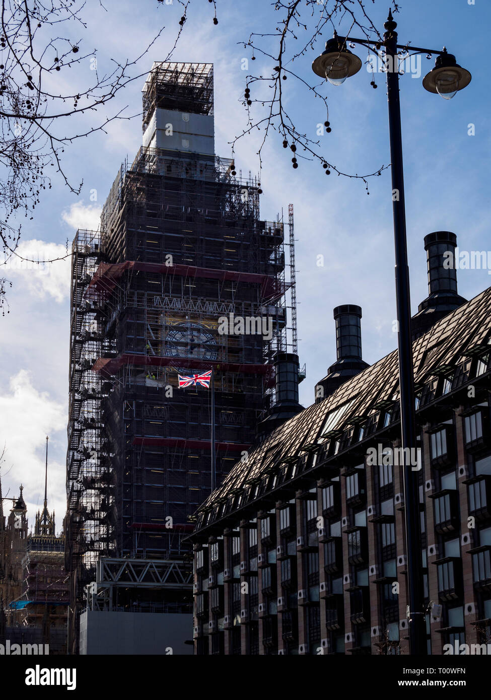 Westminster, London, UK. Le 14 mars 2019. L'Elizabeth tower et Big Ben clock au cours de travaux de conservation. Banque D'Images