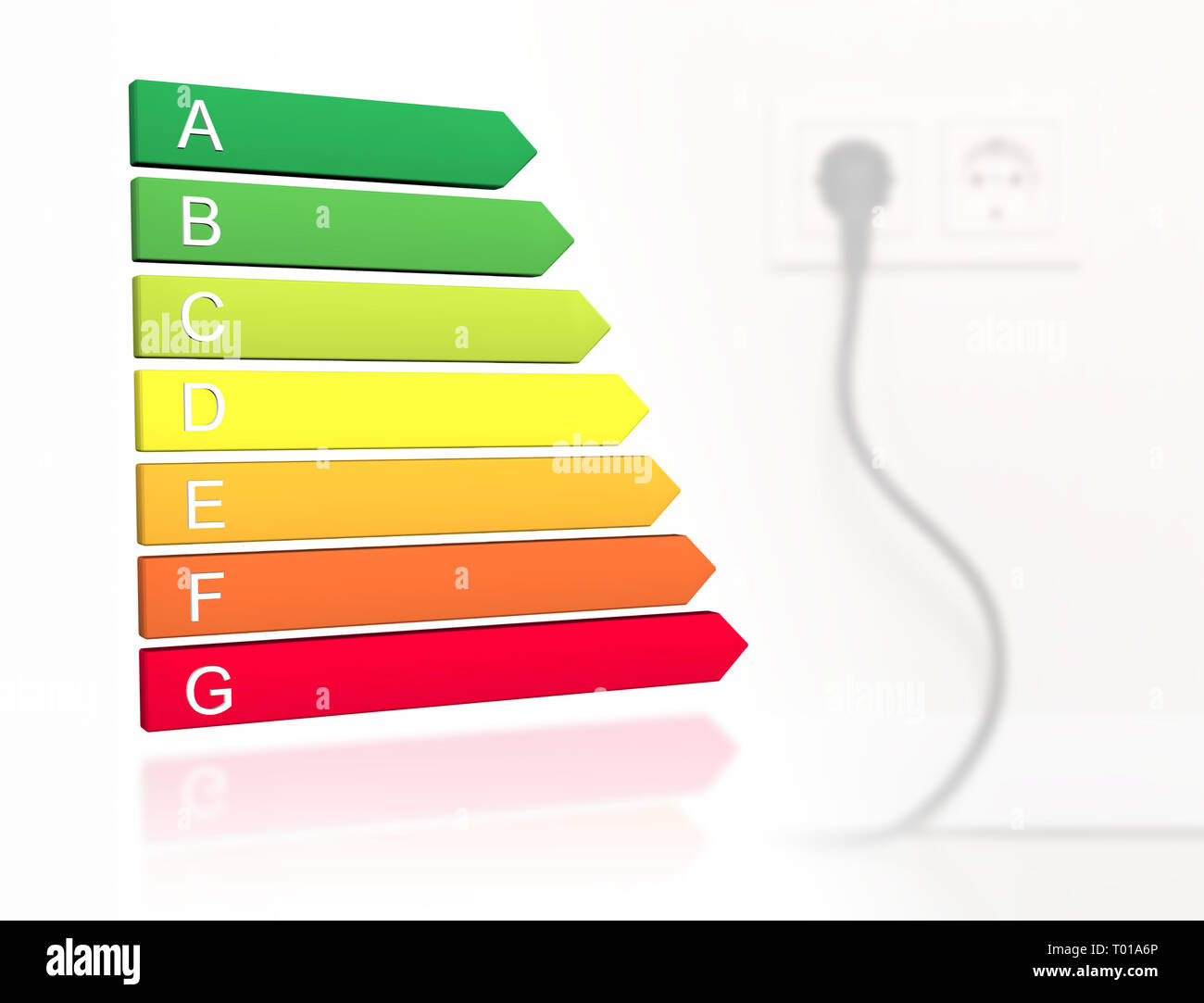 Nouveau 2019 l'étiquette de classification de l'efficacité énergétique de l'Europe avec des classes de A à G en face de câble branché à l'embase murale historique Banque D'Images