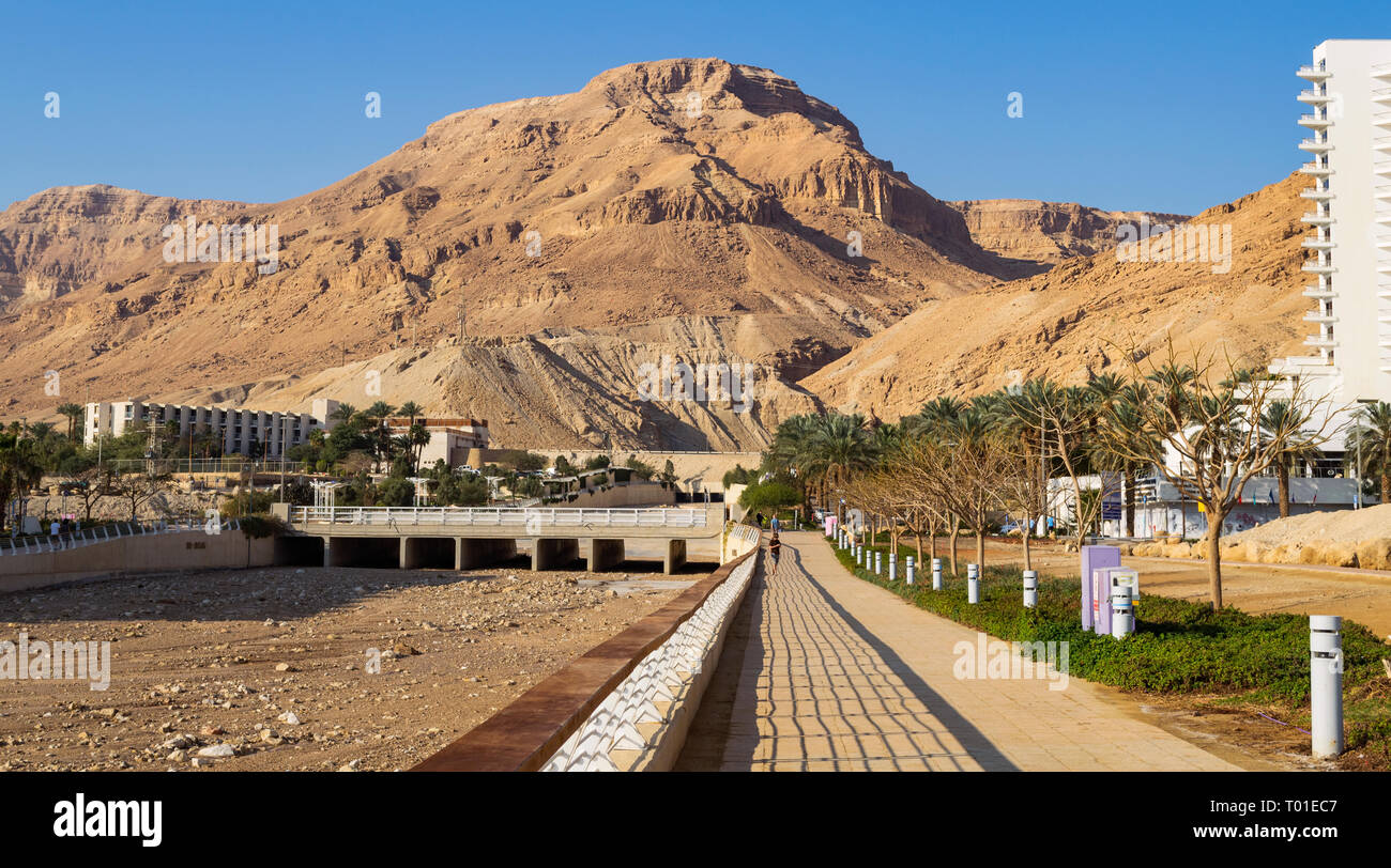 Une promenade à l'Ein Bokek station balnéaire de la mer morte montrant le canal des crues de l'oued bokek contre les montagnes du désert de Judée Banque D'Images