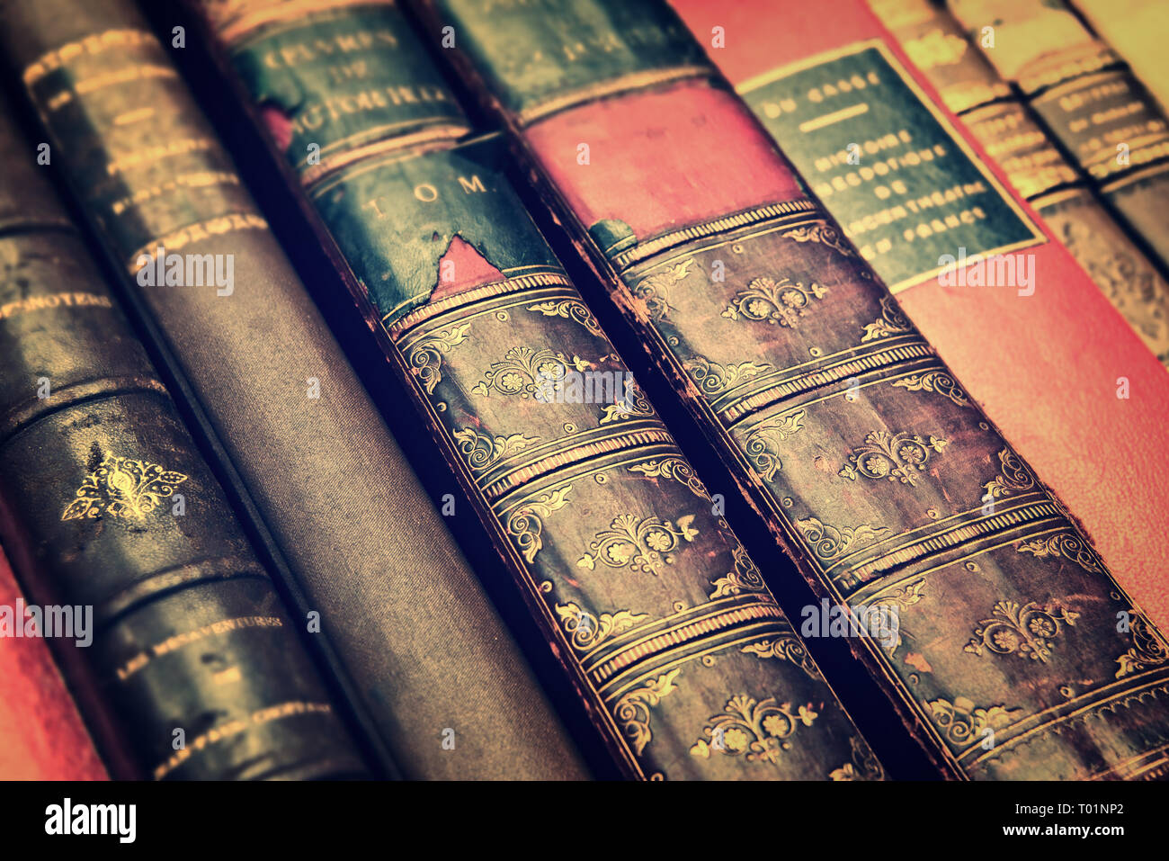 Close up de livres ancien en cuir, style vintage background Banque D'Images