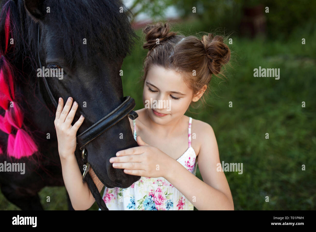 Cute little Girl with black pony dans le parc. Close up photo Banque D'Images