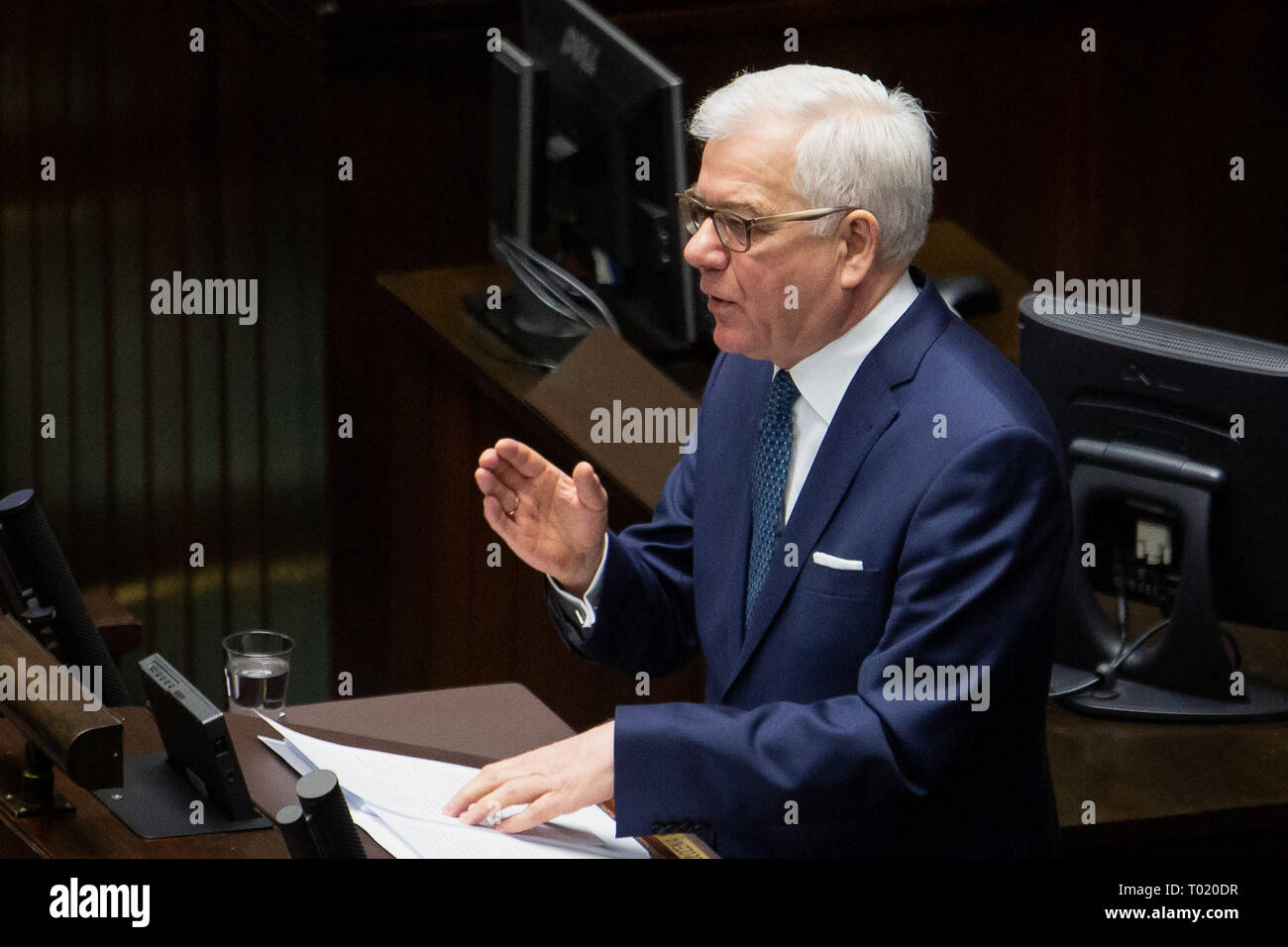 Le ministre des Affaires étrangères polonais Jacek Czaputowicz durant son sttement annuel au Sejm (chambre basse du parlement polonais) à Varsovie, Pologne, le 14 mars 2019 Banque D'Images