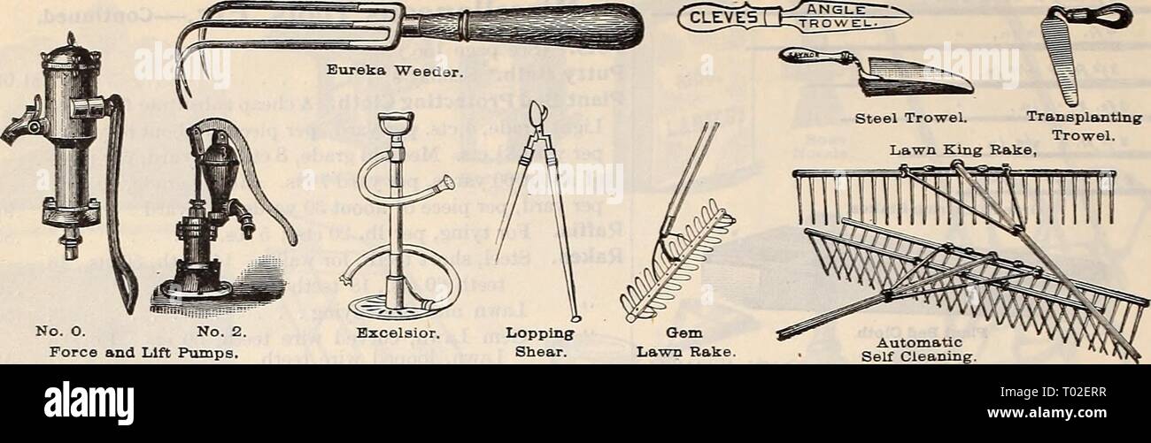 Dreer's garden : calendrier 1897 . dreersgardencale1897henr Année : 1897 160 outils, accessoires, etc. n° O. n° 2. Vigueur et pompes de relevage. Loppiugf le cisaillement. Râteau Droit Gem. Nettoyage auto. Outils divers, etc...-suite. Les pompes. Vigueur et ascenseur, n° 0, 1. de 6,50 $ d'aspiration ' ' n° 2, 1j à 8,00 d'aspiration. Pour la pulvérisation et à injecter. Le verseau. Ascenseur et vigueur . . 6,00 $ 4,50 Lewis et la combinaison des grilles. Enjeux. Meyers. Très puissant, 83,00 Excelsior. Deakin's . . 6,00 Acme. Deakin's. . . . 4,0018 in., 80,75 ; 20 in., 80,85 Lumière effilé, peint en vert, 1 h ft Heavv Broaddaylight douz. 100. Douz. 100. ascenseur 0,12 $ Banque D'Images