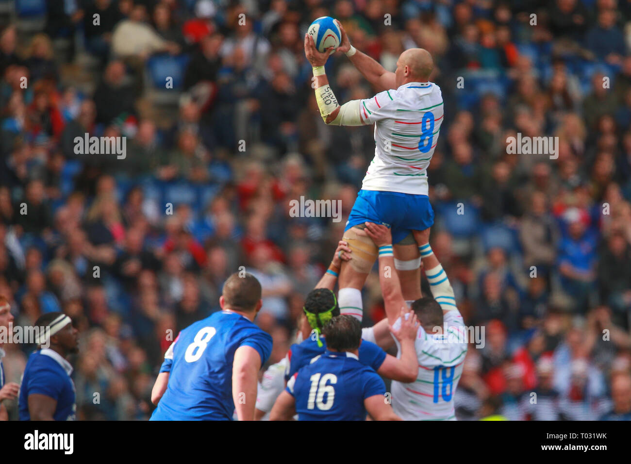 Rome, Italie. 16 mars 2019. 5ème Round Six Nations 2019 - Italia vs France - {} ville - au Stade olympique au Roma - Italia - France - Sergio Parisse voler pour attraper la balle - Crédit : Riccardo Piccioli/Alamy Live News Banque D'Images