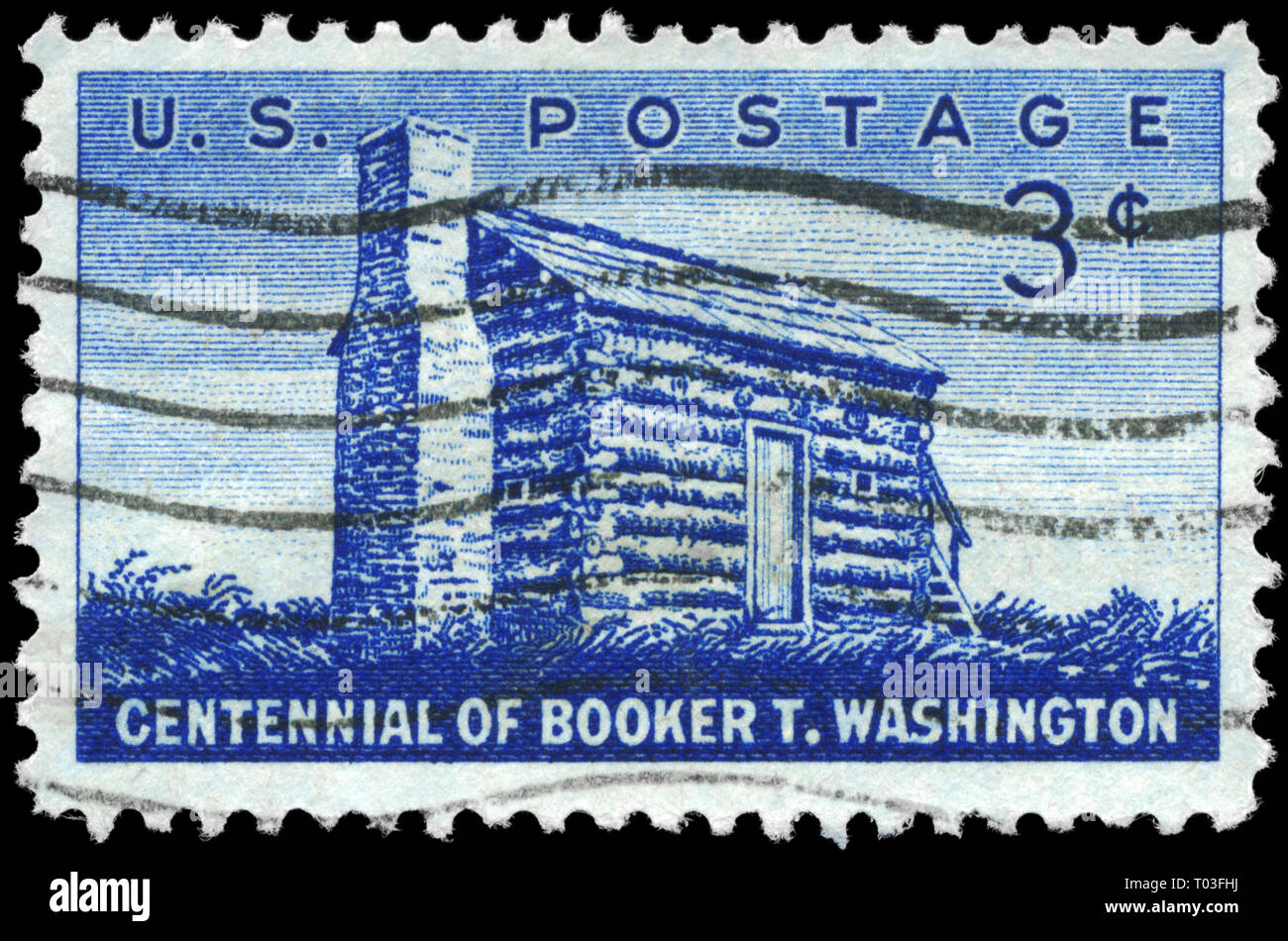 USA - VERS 1956 : timbre imprimé aux États-Unis montre Log Cabin, consacré à Booker T. Washington (1856-1915), éducateur noir, vers 1956 Banque D'Images