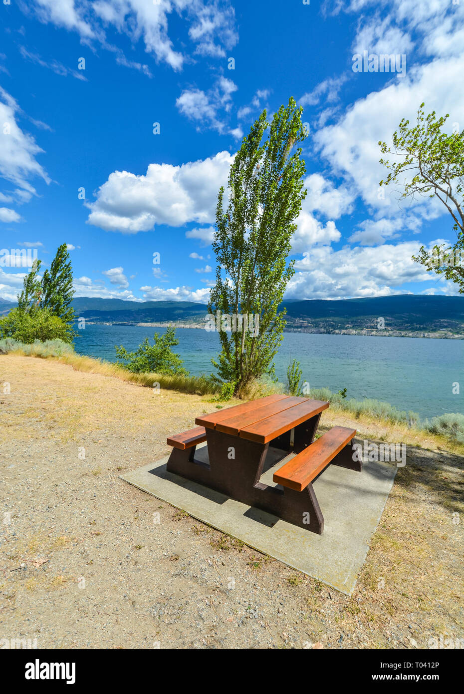 Table de pique-nique et des bancs sur les rives du lac Okanagan. Banque D'Images