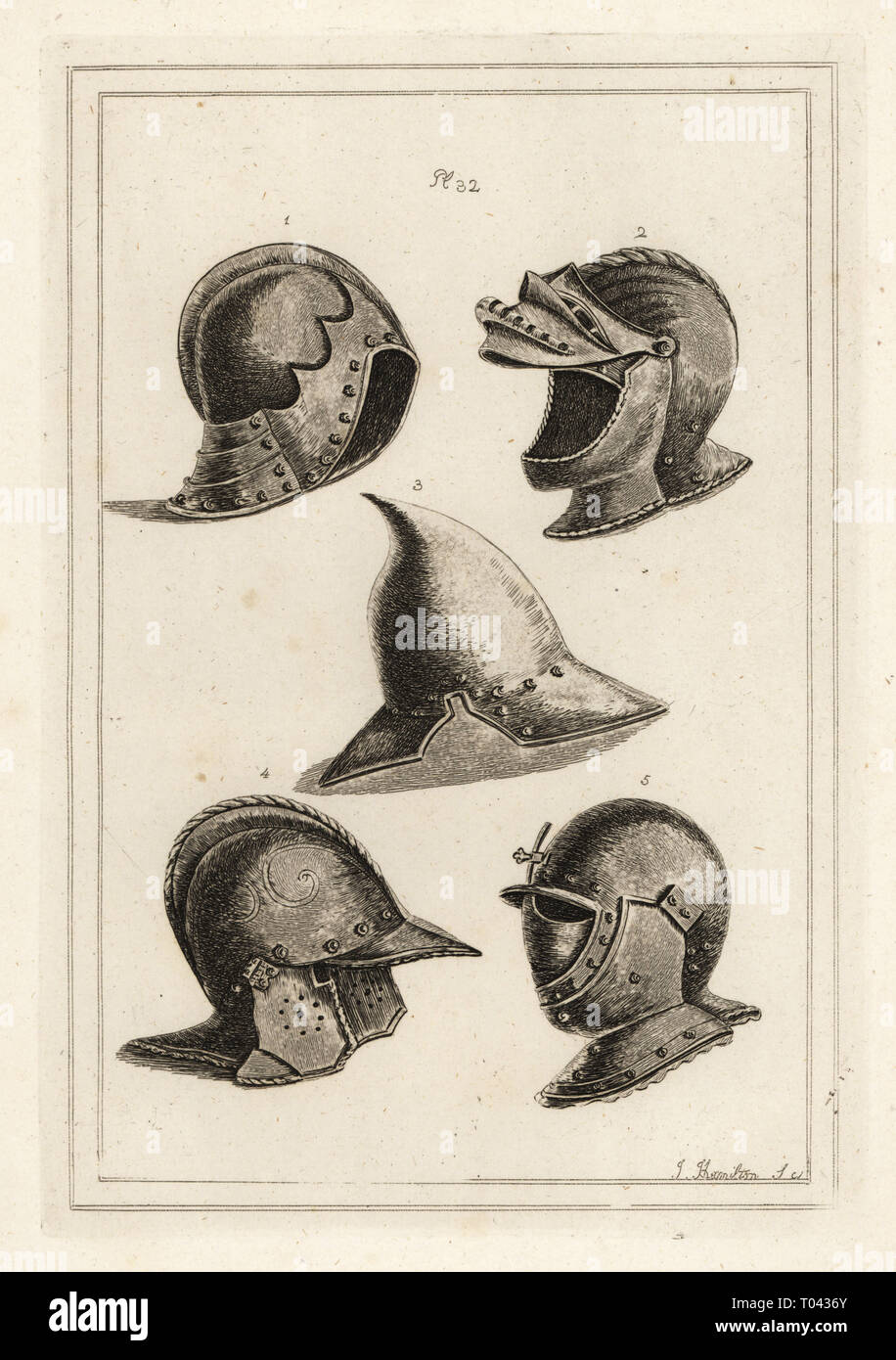 Les casques de l'Arsenal de Venise à Venise. La gravure sur cuivre par J. Hamilton après illustrations de Miller de Francis Grose antiquités militaires concernant une histoire de l'armée anglaise, Stockdale, Londres, 1812. Banque D'Images
