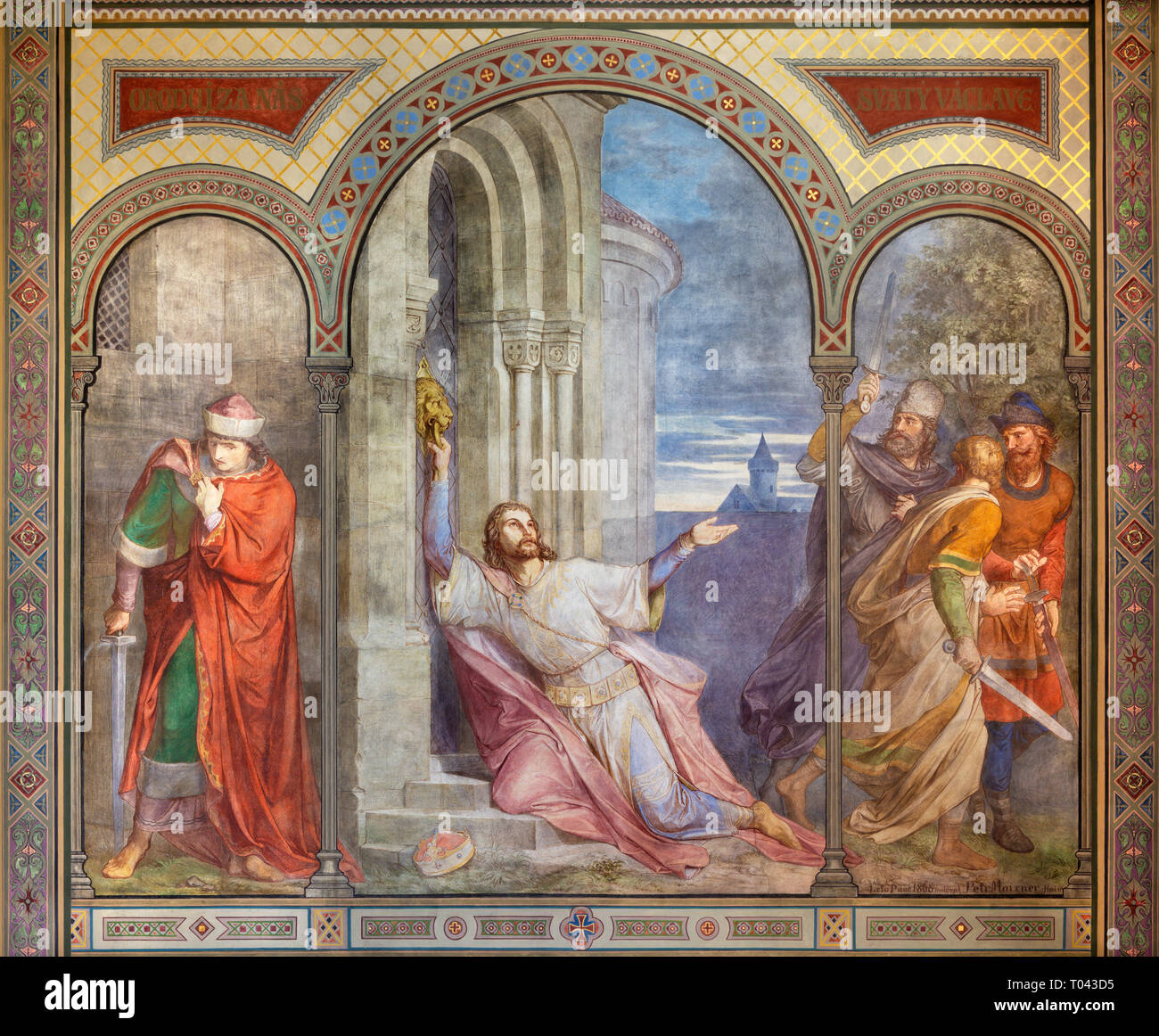 PRAGUE, RÉPUBLIQUE TCHÈQUE - le 17 octobre 2018 : la fresque de l'assassinat du roi dans l'église Saint Venceslas kostel Svatého Cyrila Metodeje par Petr Maixner Banque D'Images