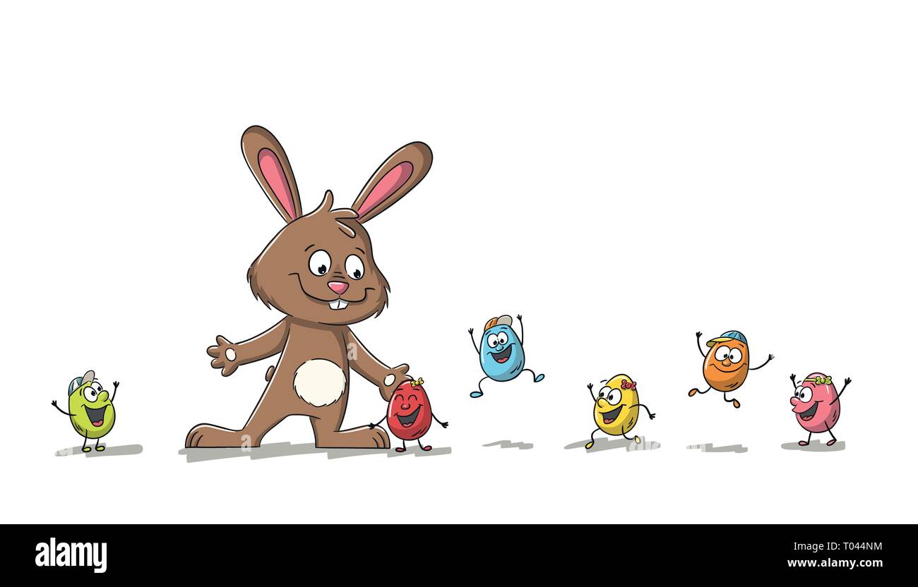 Lapin de dessin animé avec les oeufs de Pâques colorés. Isolé sur fond