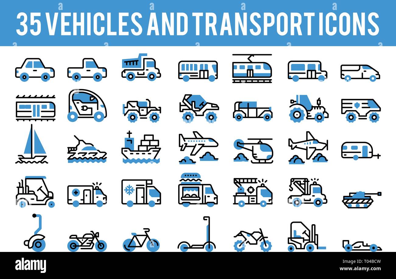 35 transport et véhicule des icônes et symboles signe unicolores. L'icône parfaite des pixels sur base de 64px Illustration de Vecteur