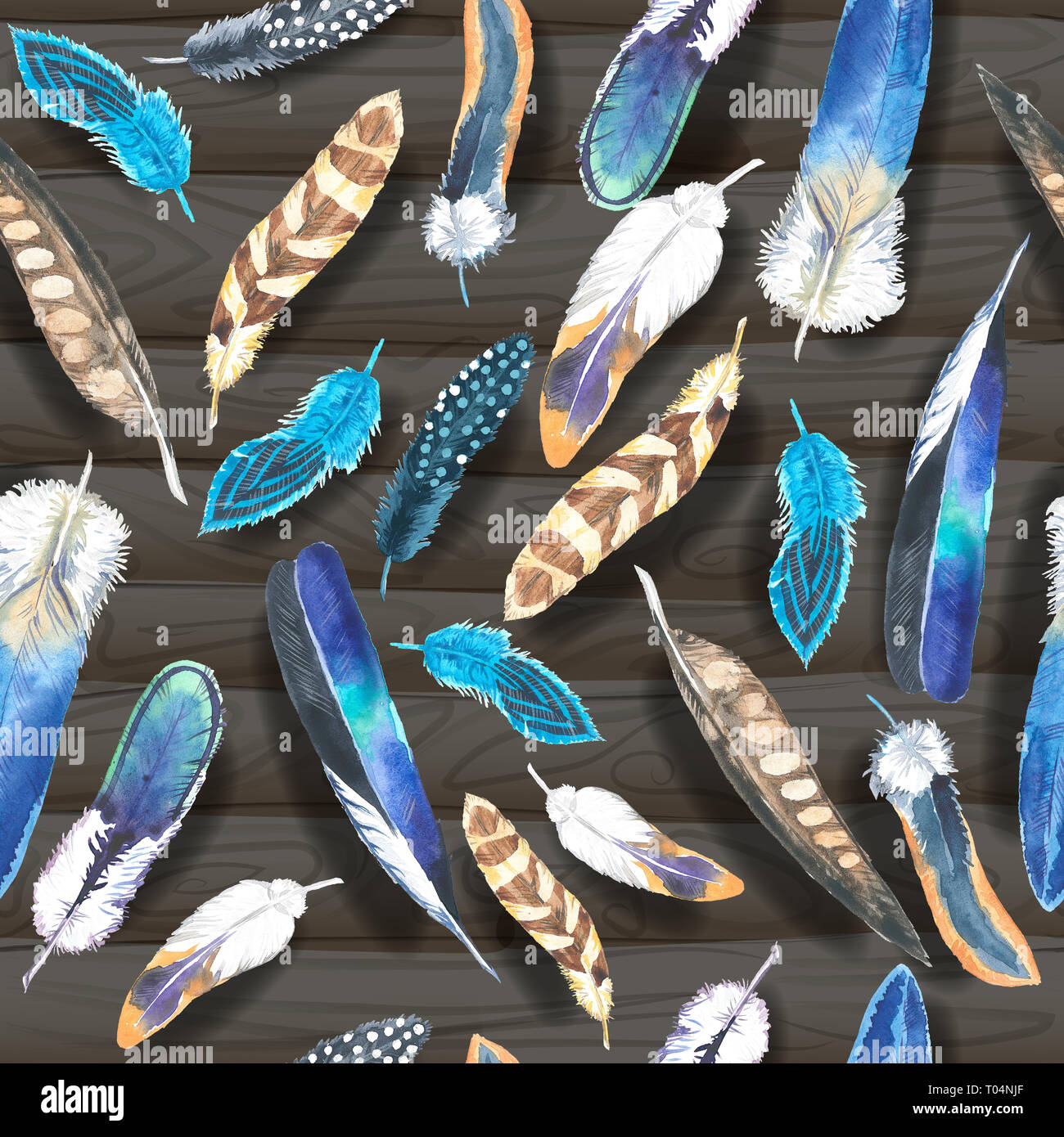 Les plumes des oiseaux aquarelle modèle vintage transparent sur l'arrière-plan de planches en bois. La texture de l'aquarelle. Tapis tissu design. Banque D'Images