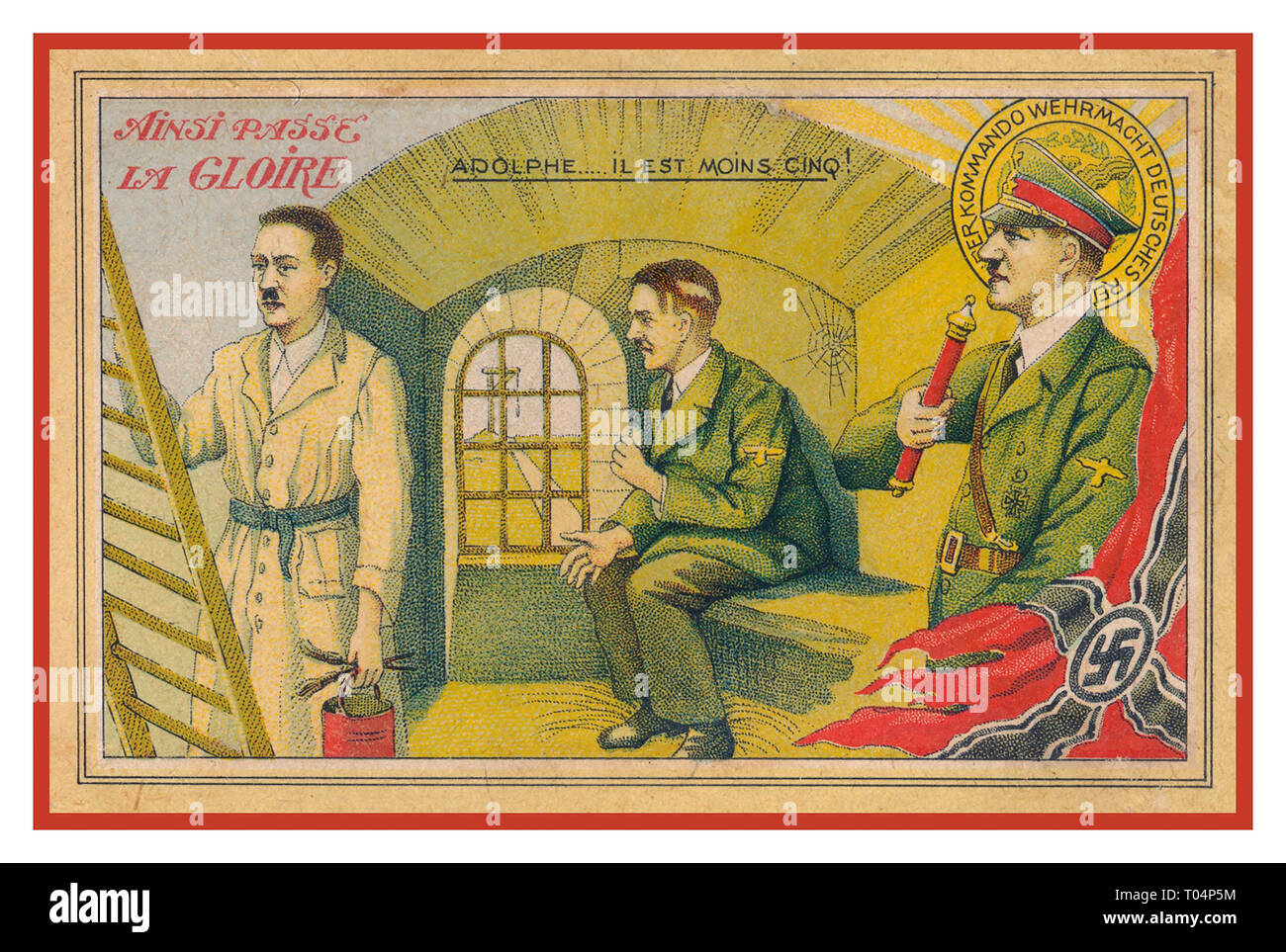 Adolf Hitler WW2 caricature de propagande française carte postale illustrant trois pose d'Hitler en prison avec hangmans noose en arrière-plan sous-titrées "La clé de la gloire.. c'est moins de cinq' WW2 France Carte postale de l'occupation contre Hitler en prison La Seconde Guerre mondiale Banque D'Images