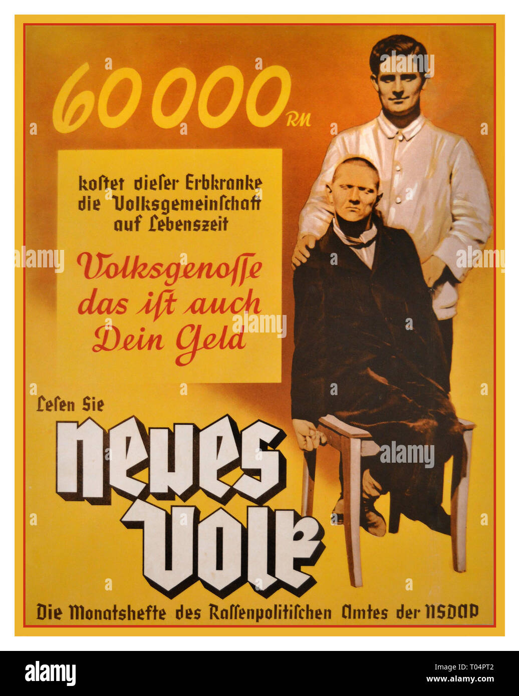 1938 affiche de propagande nazie pour le magazine mensuel 'Neues Volk' (le Nouveau peuple) publié par le 'Bureau de la politique raciale' du Parti nazi de Goebbels, le 'Bureau de la politique raciale' propageait la 'doctrine raciale' nazie de diverses façons. Dans les affiches et les publications, il contrastait l'idéal de l'allemand sain, capable et 'racialement pur' avec l'image déformée et raciste des malades et des handicapés improductifs qui ont accablé la 'Communauté productive de Volk' comme 'existence de ballast'. Le texte de l'affiche indique, "ce défaut héréditaire coûte la Volk Community 60 000 RM (Reichsmark) au cours de sa vie Banque D'Images