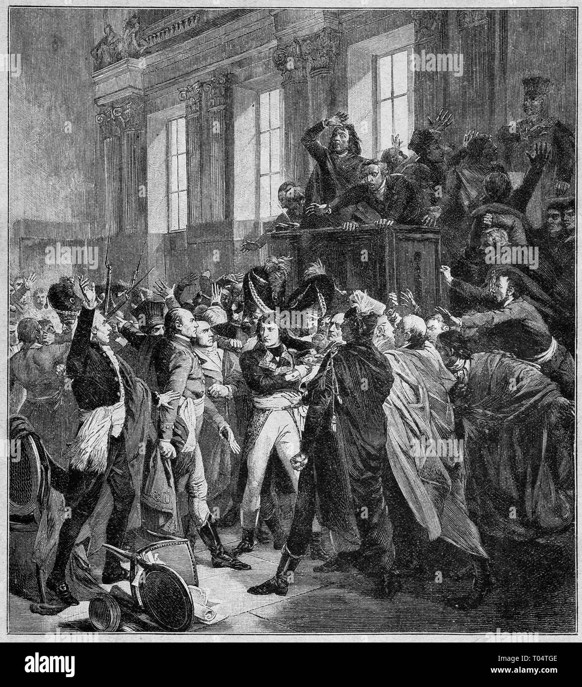 Bonaparte dans le "conseil des cinq cents." F. Bouchot / Paris Louvre / amélioration de la reproduction numérique.illustrée de la vie de l'humanité au 19e siècle, édition 1901, Marx Publishing House, Saint-Pétersbourg. Banque D'Images
