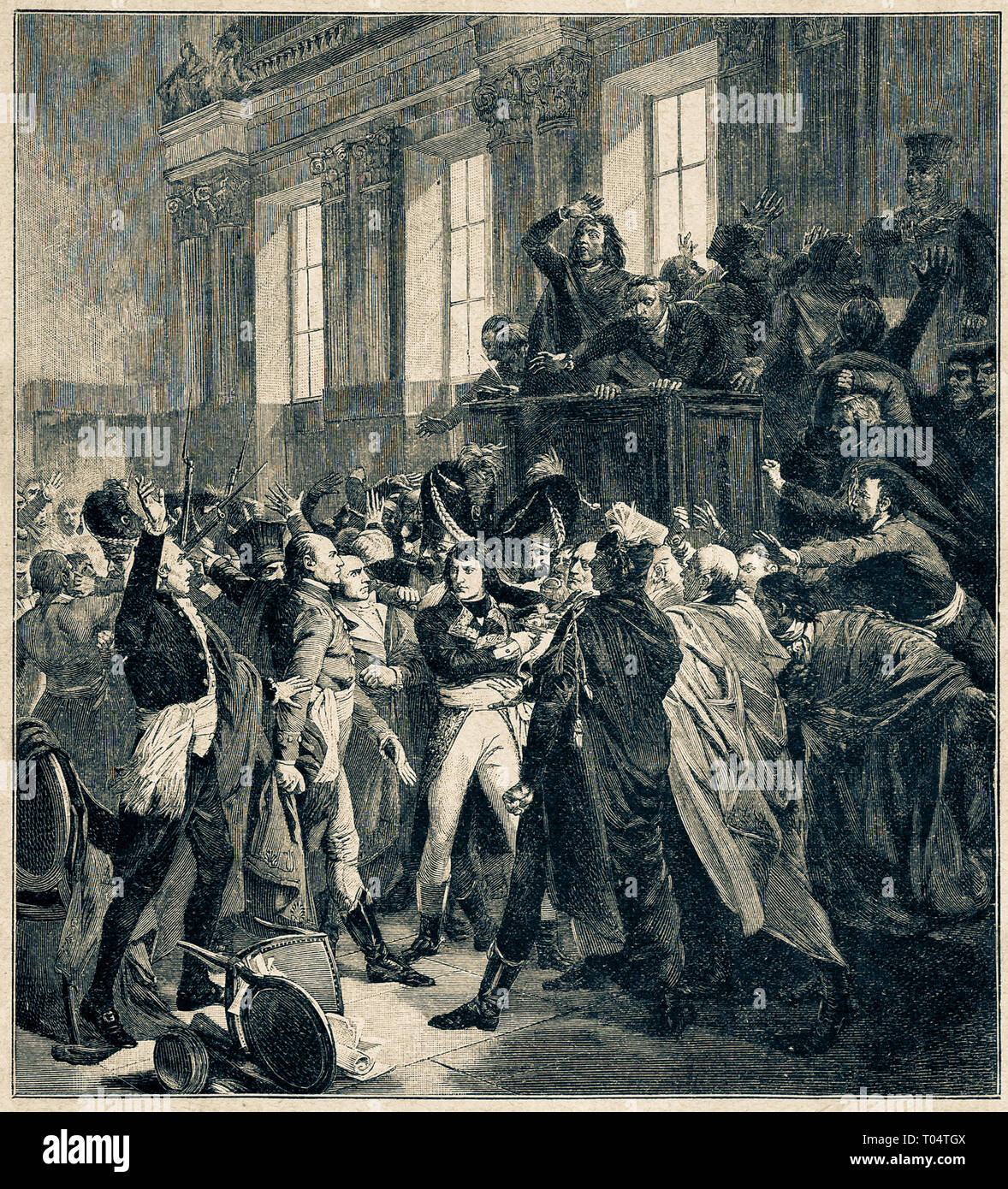 Bonaparte dans le "conseil des cinq cents." F. Bouchot / Paris Louvre / amélioration de la reproduction numérique.illustrée de la vie de l'humanité au 19e siècle, édition 1901, Marx Publishing House, Saint-Pétersbourg. Banque D'Images