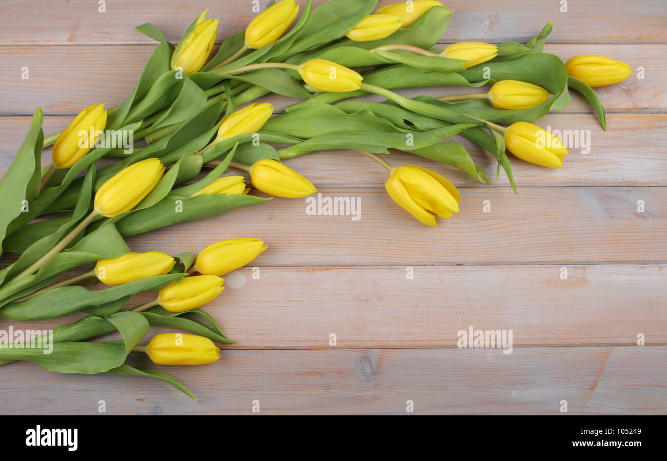 Arrière-plan de pâques avec tulipes jaunes sur une table en bois Banque D'Images