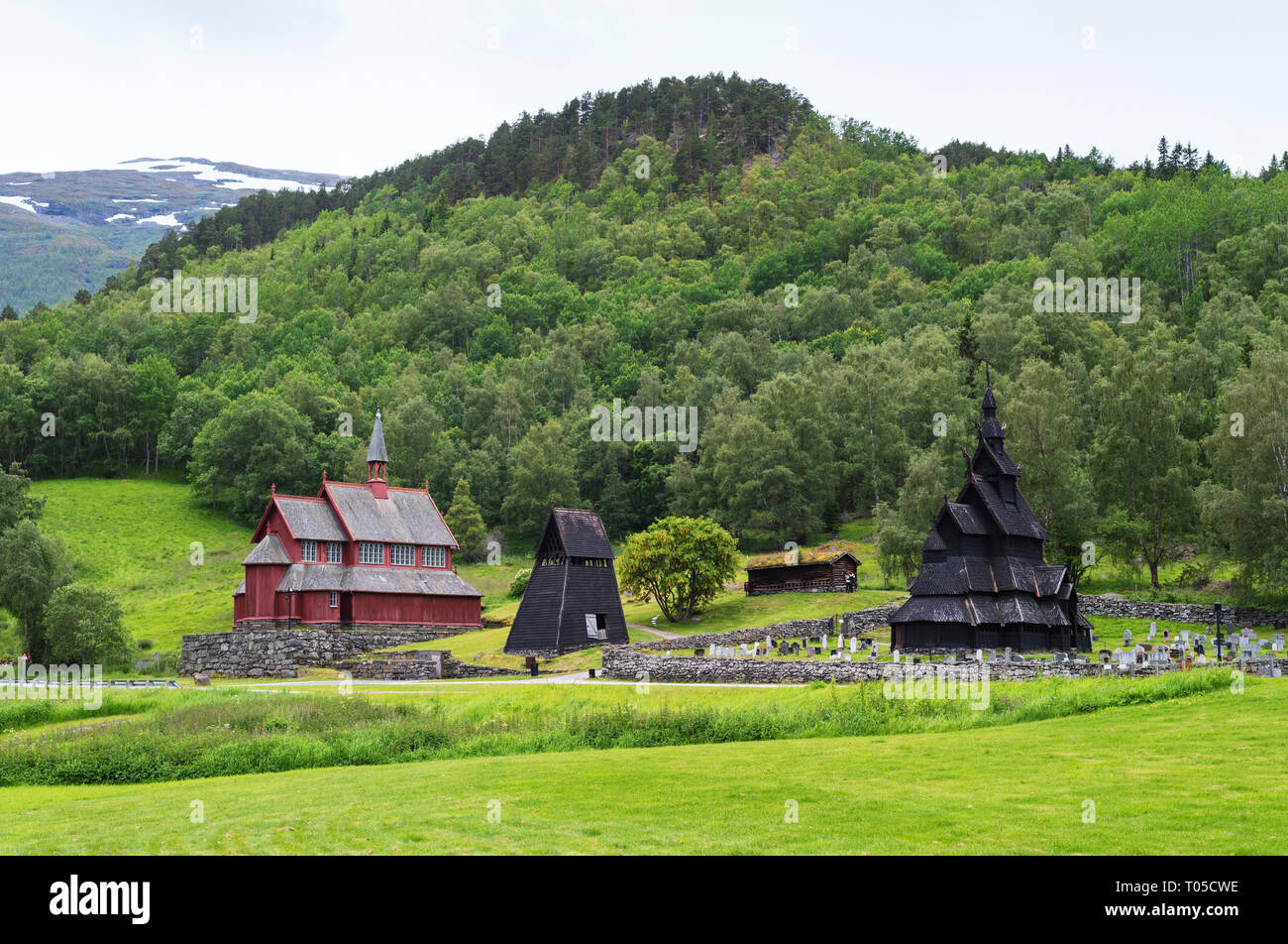 Église Borgund - plus ancien bâtiments de bois. Une note de service de l'architecture en bois de Norvège Banque D'Images