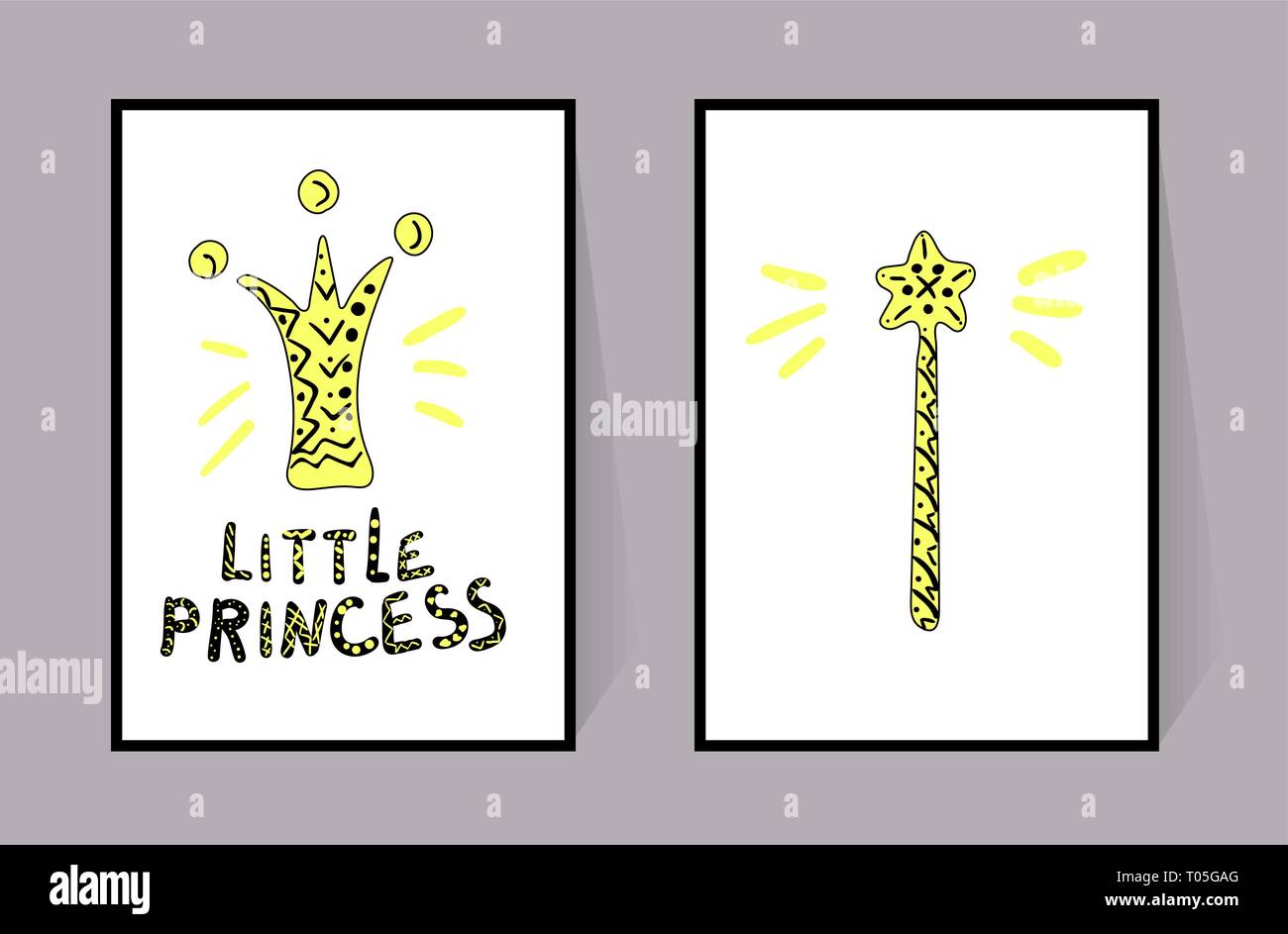 Couronne, petite princesse et baguette magique. Deux affiches de couleur jaune et noir. Décor Vector girl. Part attirer l'inscription et de l'ornement Illustration de Vecteur