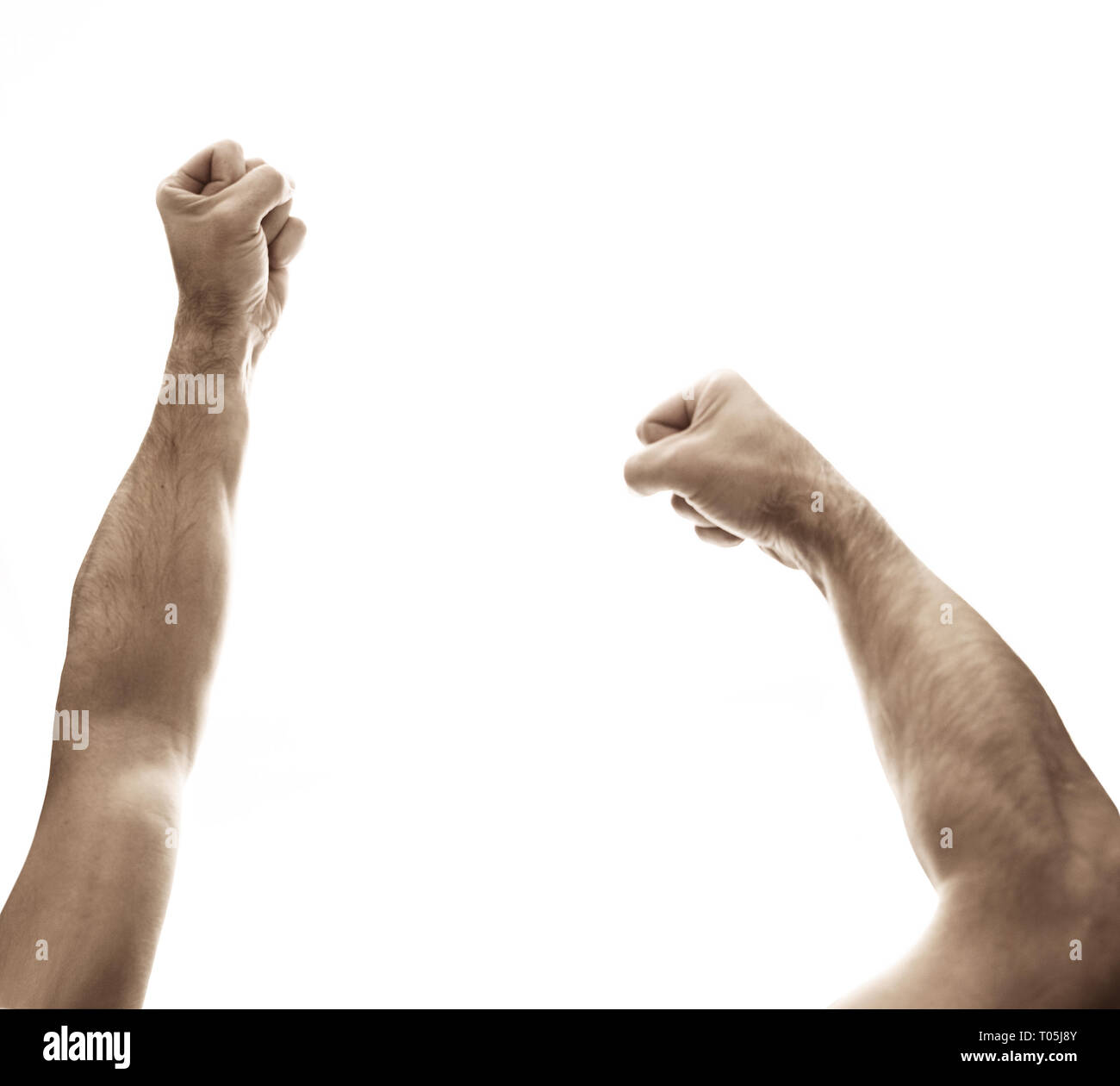 Poing sur un homme vide, fond blanc - symbole de la lutte contre Banque D'Images