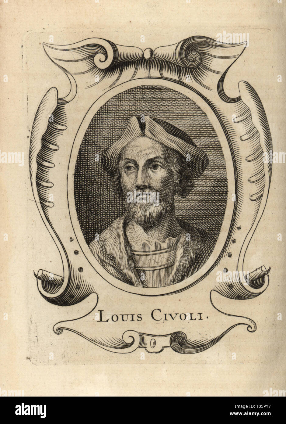 Portrait de Lodovico Cardi ou il Cigoli, peintre et architecte italien de la fin du maniérisme et au début de l'époque baroque, 1559-1613. Louis Civoli. La gravure sur cuivre de Antoine-Joseph Dezallier d'Argenvilleâ€™Abrege de la vie des plus fameux peintres, vit des artistes les plus célèbres, de Bure de lâ€™Aine, Paris, 1762. Banque D'Images