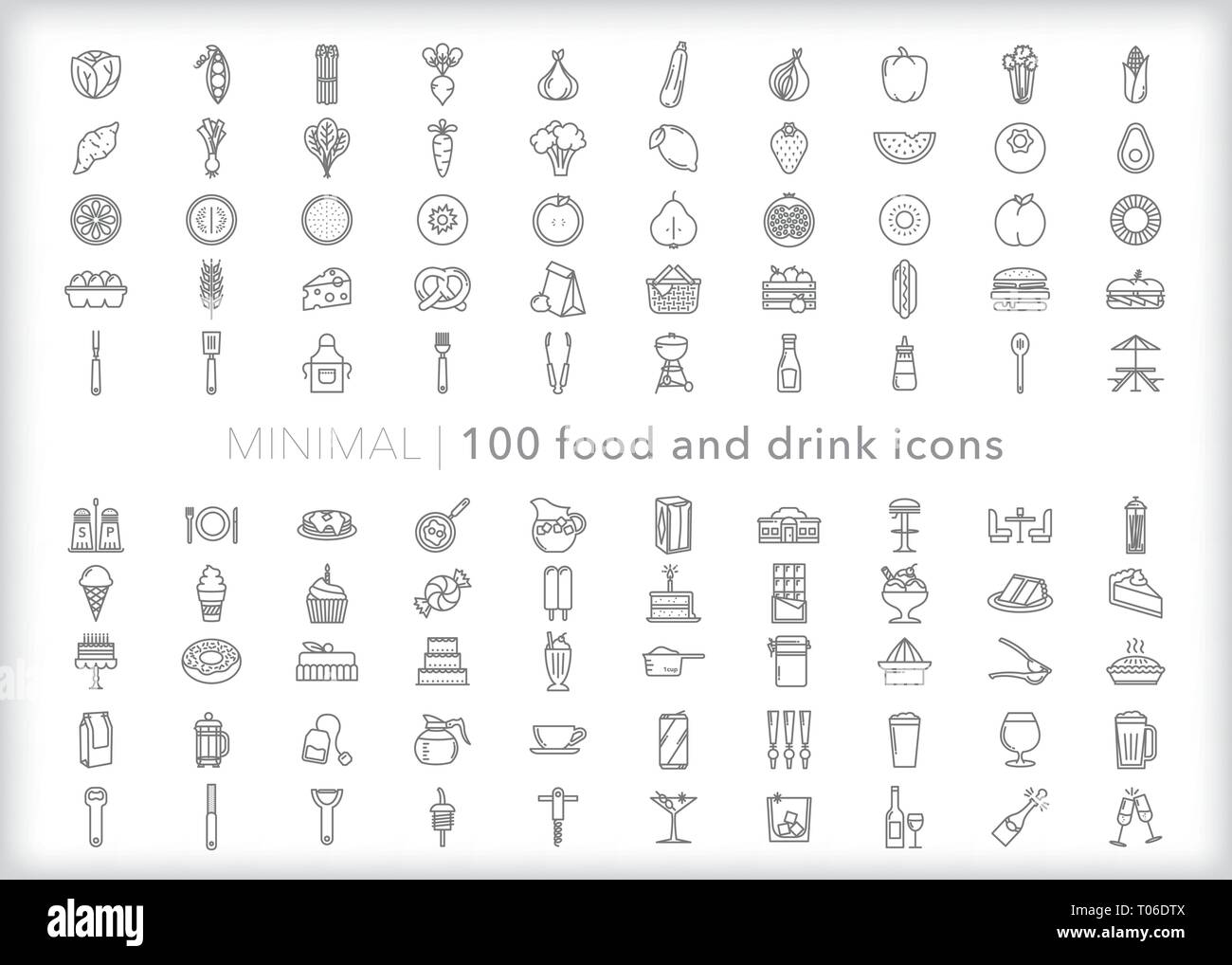 Ensemble d'aliments et boissons 100 icônes de ligne pour le petit déjeuner, déjeuner, dîner et collations Illustration de Vecteur