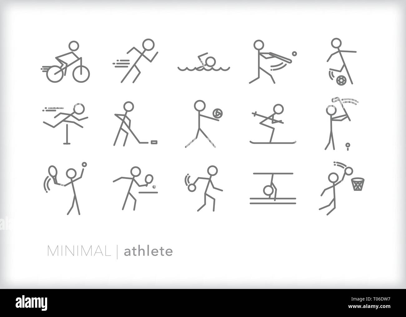 Ensemble de 15 icônes de ligne de l'athlète montrant figures bâton jouant différents sports avec de l'équipement de sport Illustration de Vecteur