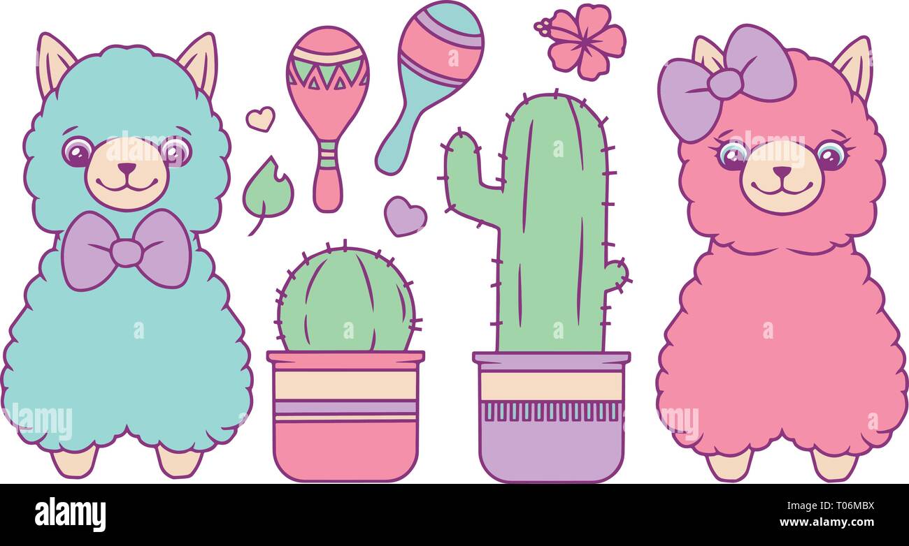Lama ou alpaga cector collection avec différentes couleurs pastels moelleux bleu et rose des animaux marrants, cactus, rumba shaker, cœurs et de feuilles Illustration de Vecteur