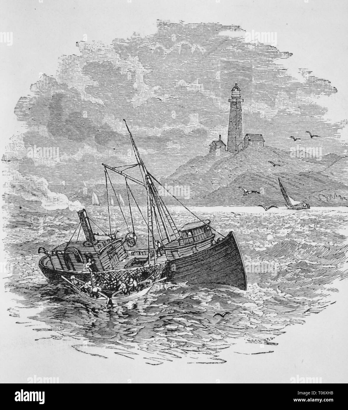 Phare de Montauk Point ; chalutier de pêche en premier plan, vers 1884 Banque D'Images