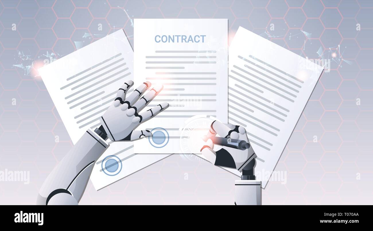 Robot hand holding pen document signature signature du contrat jusqu'humanoïde signent un accord sur l'angle haut de l'intelligence artificielle futuriste numérique Illustration de Vecteur