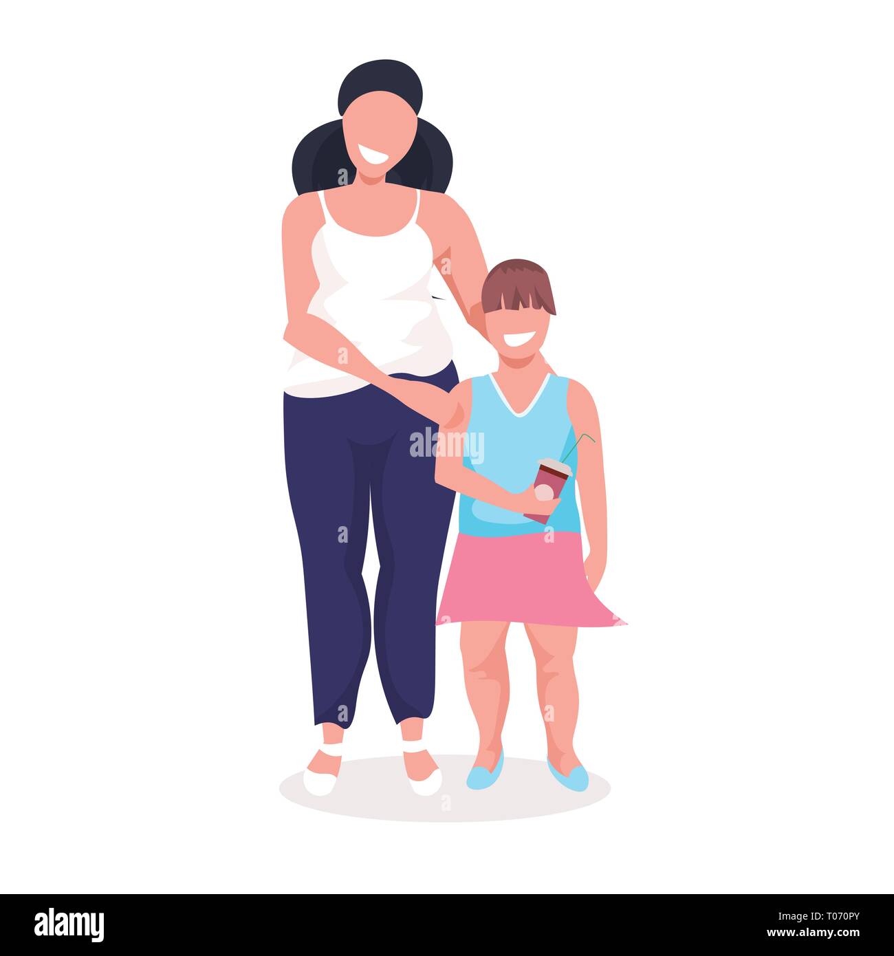 L'excès de petite fille avec mère obèse gras sur la famille taille woman Standing together de vie malsain concept femme cartoon Illustration de Vecteur