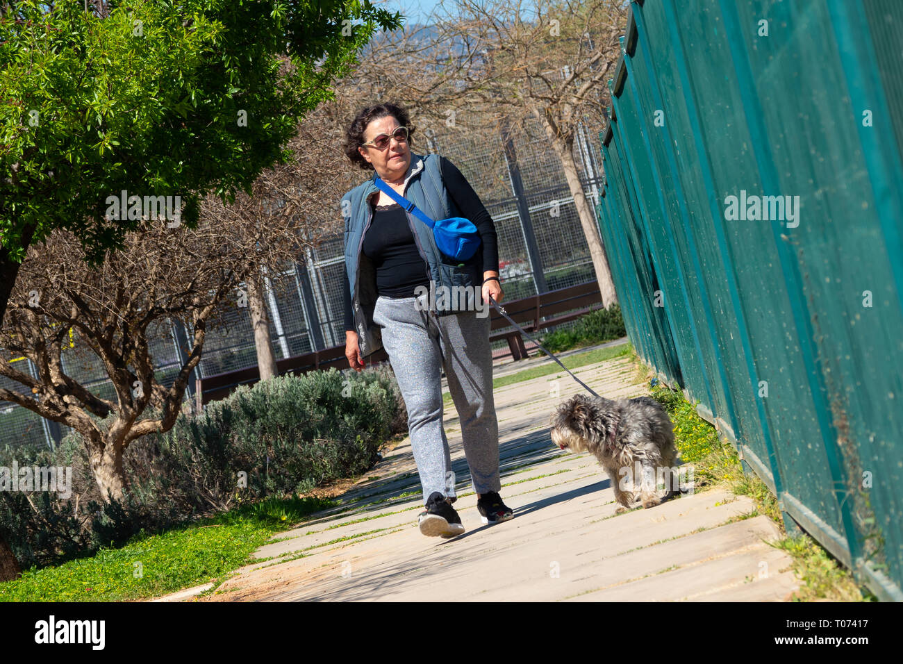 Femme marche avec son chien Banque D'Images