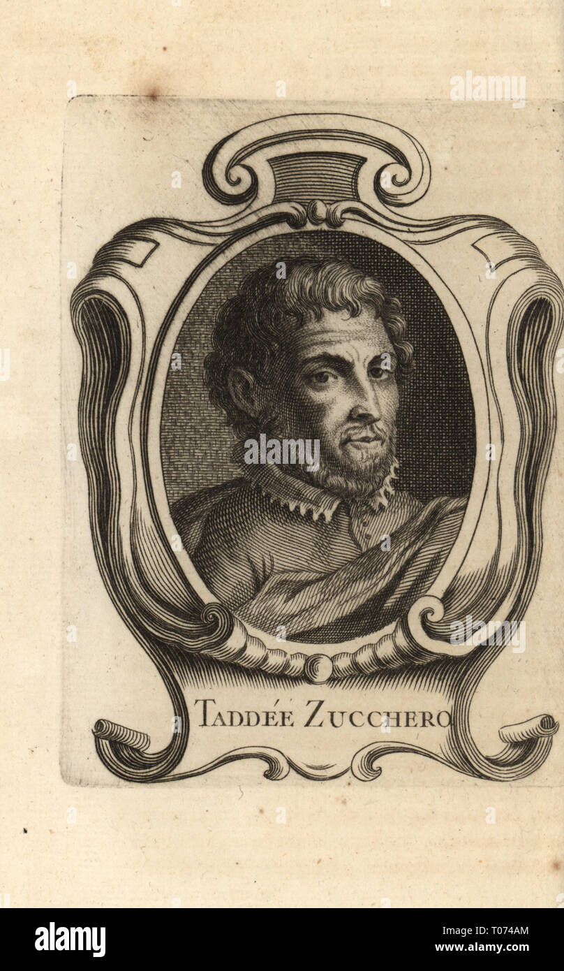 Portrait de Taddeo Zuccari, peintre italien de l'école maniériste romaine, 1529-1566. Taddee Zuchero. La gravure sur cuivre de Antoine-Joseph Dezallier d'Argenville's Abrege de la vie des plus fameux peintres, vit des artistes les plus célèbres, de Bure de l'Aine, Paris, 1762. Banque D'Images