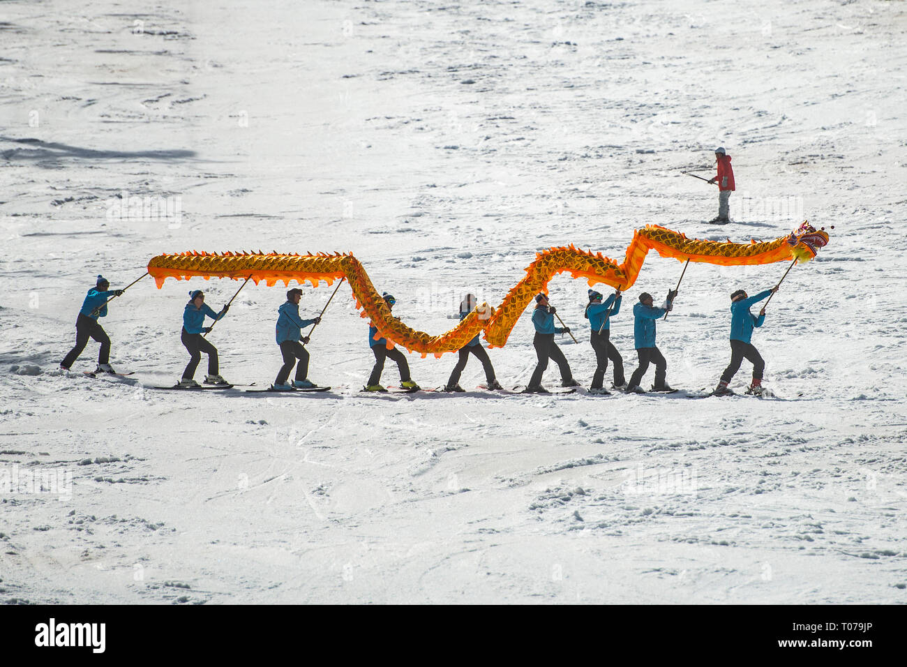 Beijing, Chine. Mar 16, 2019. Les skieurs de l'un de l'école de ski slovène effectuer dragon chinois avec la bénédiction de la Beijing 2022 d'hiver à Kranjska Gora, Slovénie, le 16 mars 2019. Stojs Lomovsek Crédit : Matic/Xinhua/Alamy Live News Banque D'Images