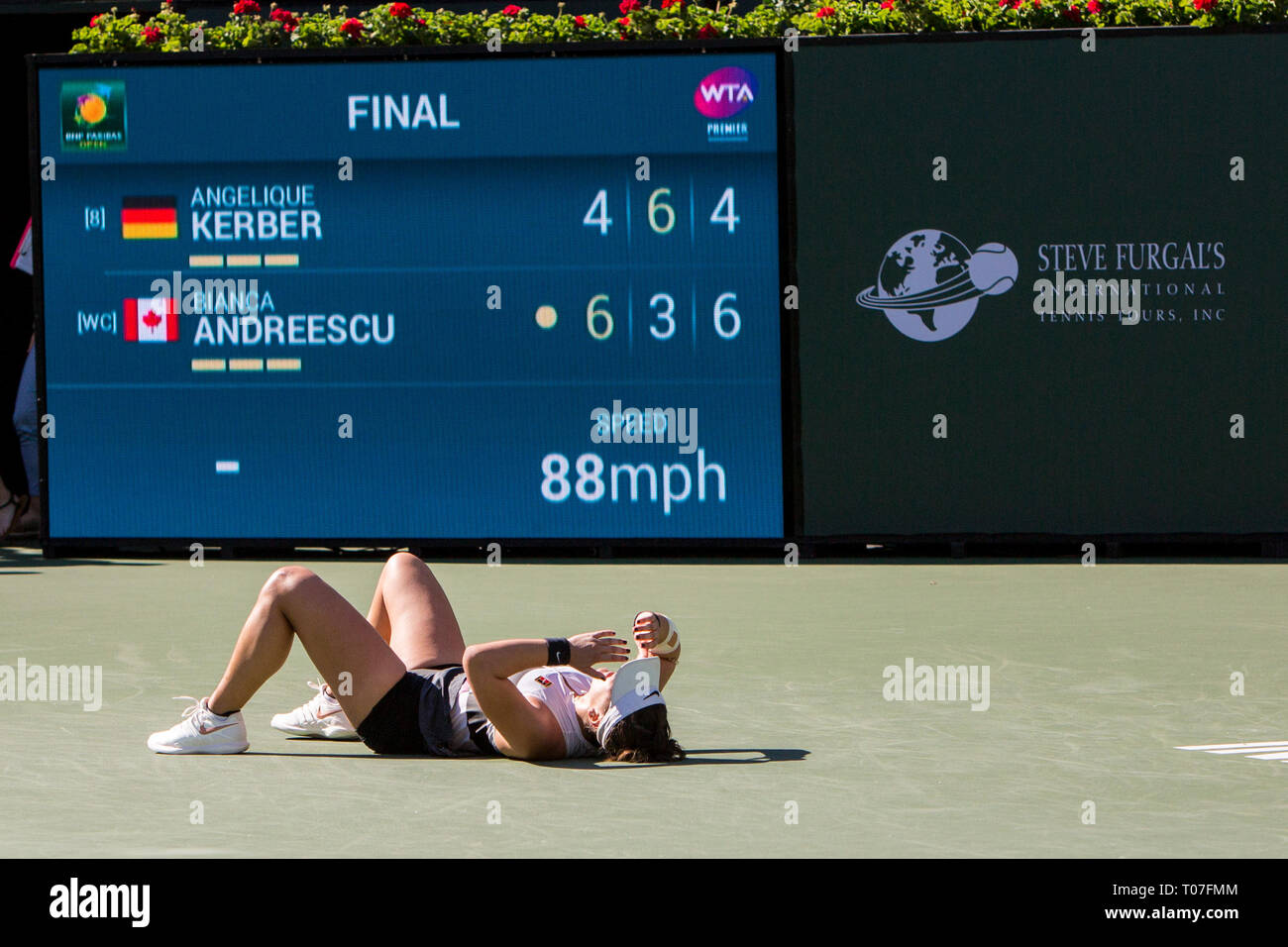 17 mars 2019 : Bianca Andreescu (CAN) réagit après avoir défait Angelique Kerber (GER) 6-4, 3-6, 6-4 en finale du BNP Paribas Open à Indian Wells le jardin Tennis à Indian Wells, en Californie. Â©Mal Tdamr/TennisClix/CSM Banque D'Images