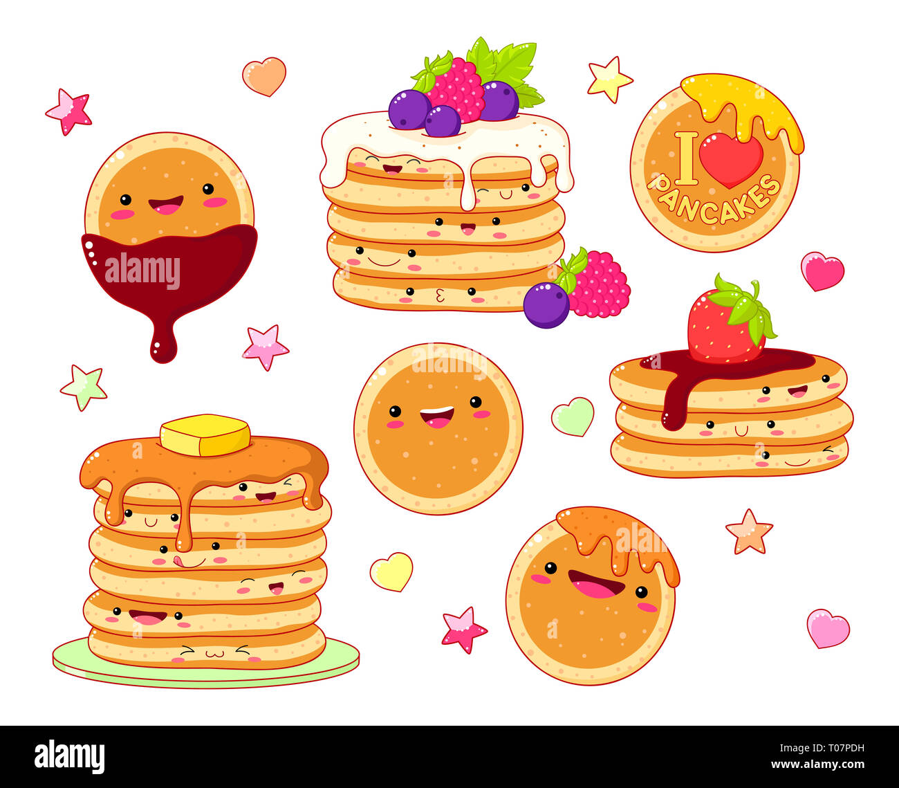 Ensemble d'icônes de crêpe cute kawaii style avec sourire et les joues roses de sweet design. Des crêpes au sirop d'érable, beurre, chocolat et fruits rouges Banque D'Images