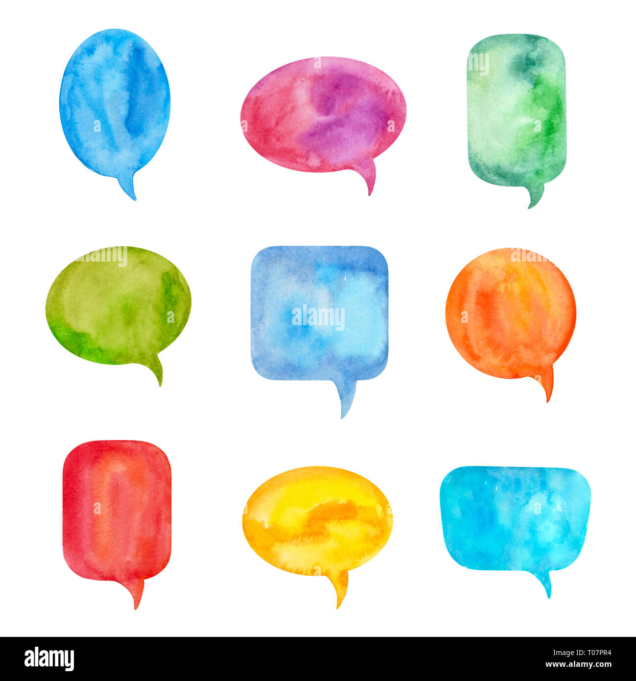 Jeu de bulles colorées ou conversation nuages. Peint par l'Aquarelle et isolé sur fond blanc Banque D'Images