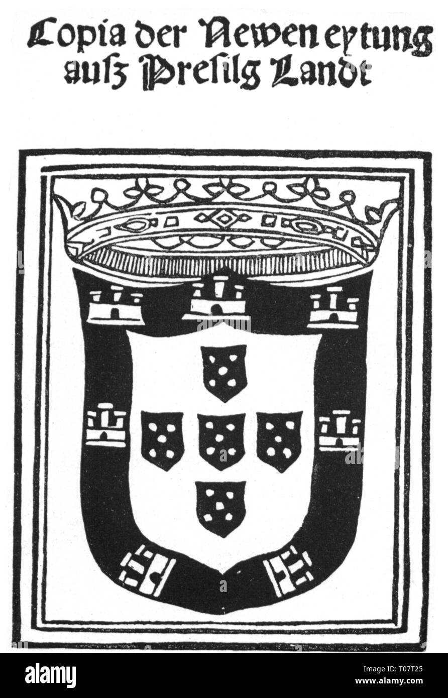 Presse/médias, magazines, eytung Presilg "Newe aus Landt" (Nouveau papier du Brésil), front page, imprimée par Erhard Oeglin, Augsbourg, 1505, Additional-Rights Clearance-Info-Not-Available- Banque D'Images